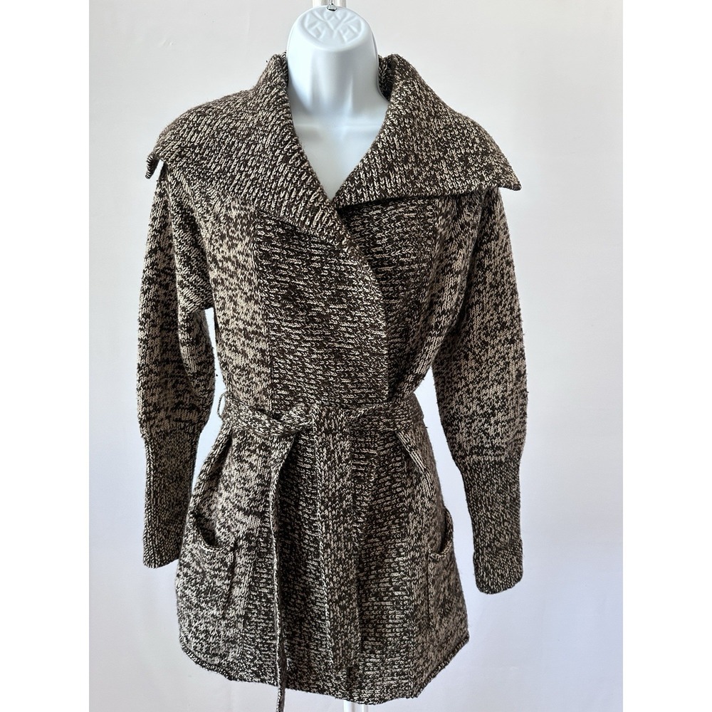 VTG GAP Women's L Cream Brown Marled  Wool Blend Chunky Belted Cardigan Y2K